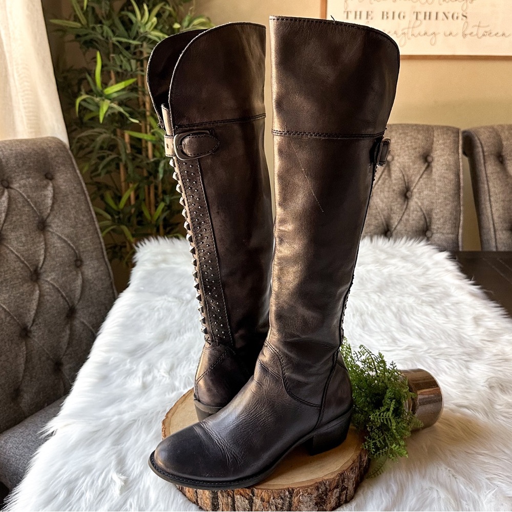 Vince Camuto Bollo Tall Black Leather Studded Riding Boots 8.5 - Picture 2 of 10